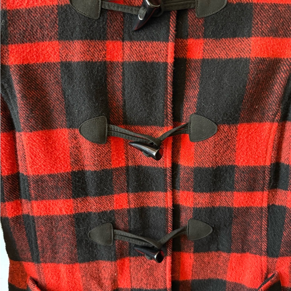 L.L. Bean Red and Black Plaid Wool Parka with Faux Fur Hood - Picture 2 of 10